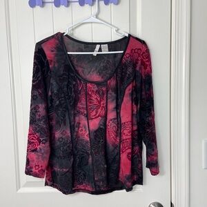EUC Sami & Jo women’s black pinkish‎ red velvet paisley corset blouse 3/4 sleeve